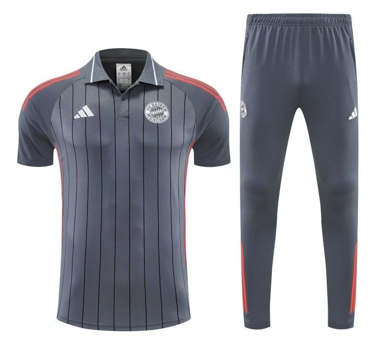 26/27 Bayern Munich Grey Stripes Polo Training Shirt + Long Pants Tracksuit