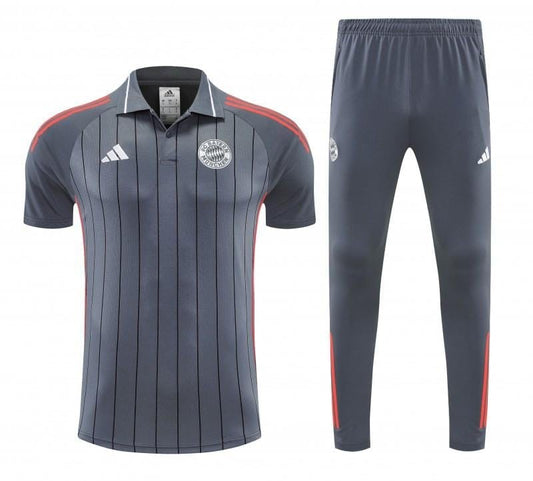 26/27 Bayern Munich Grey Stripes Polo Training Shirt + Long Pants Tracksuit